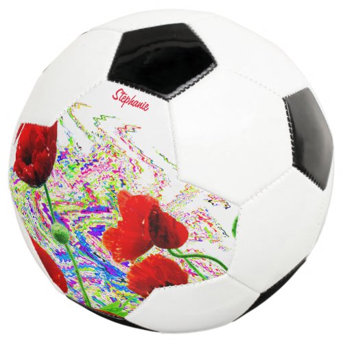 Custom Name Floral Poppy Flowers Colorful Artsy Soccer Ball