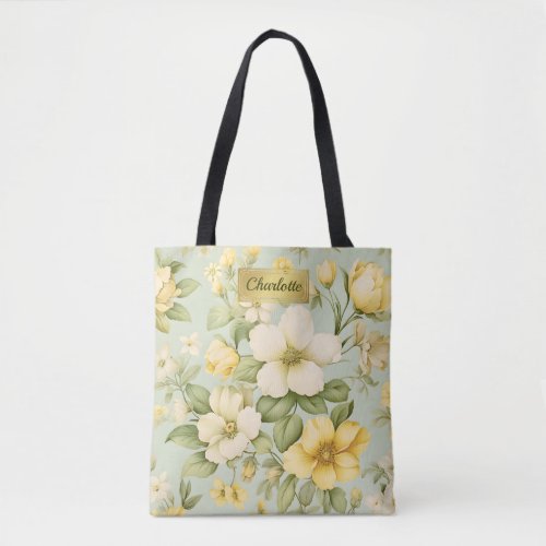 Custom Name Floral Print Tote Bag