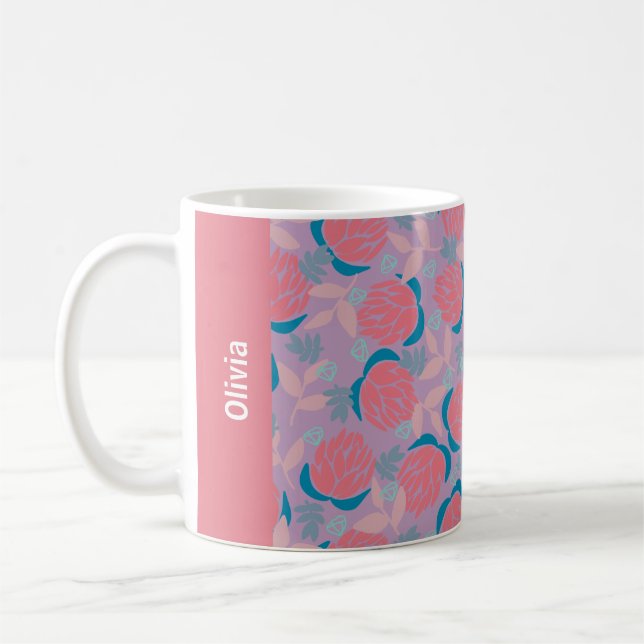 Custom name floral protea pink orange feminine coffee mug (Left)