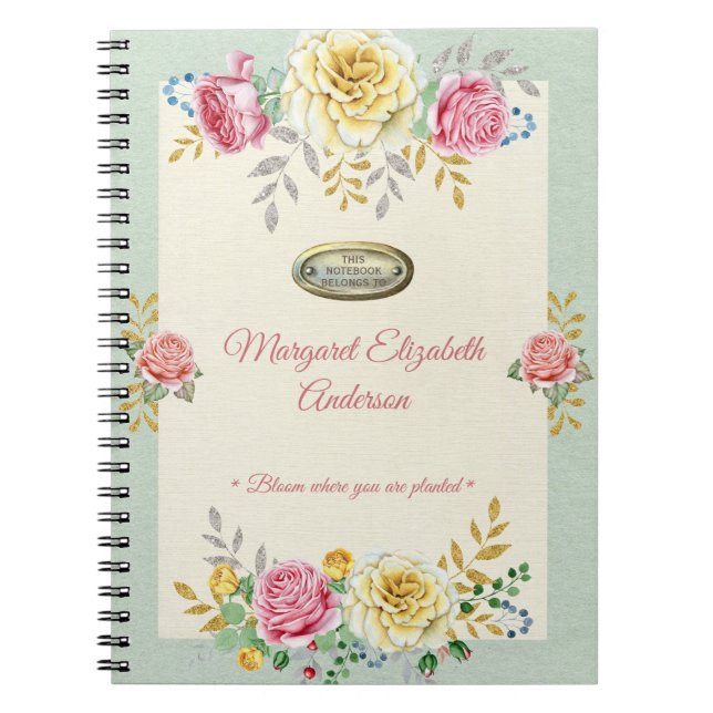 Custom Name Floral Rose Gold Quote Notebook (Front)