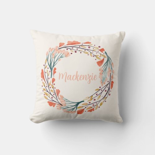 Custom Name Floral Watercolor Wreath Throw Pillow