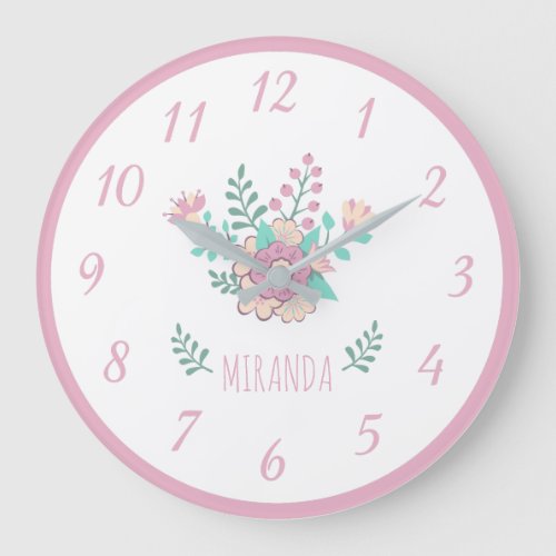 Custom Name Floral Wreath Girl Wall Clock