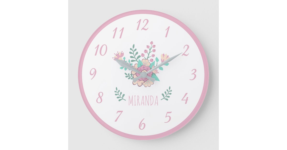 Custom Name Floral Wreath Girl Wall Clock | Zazzle