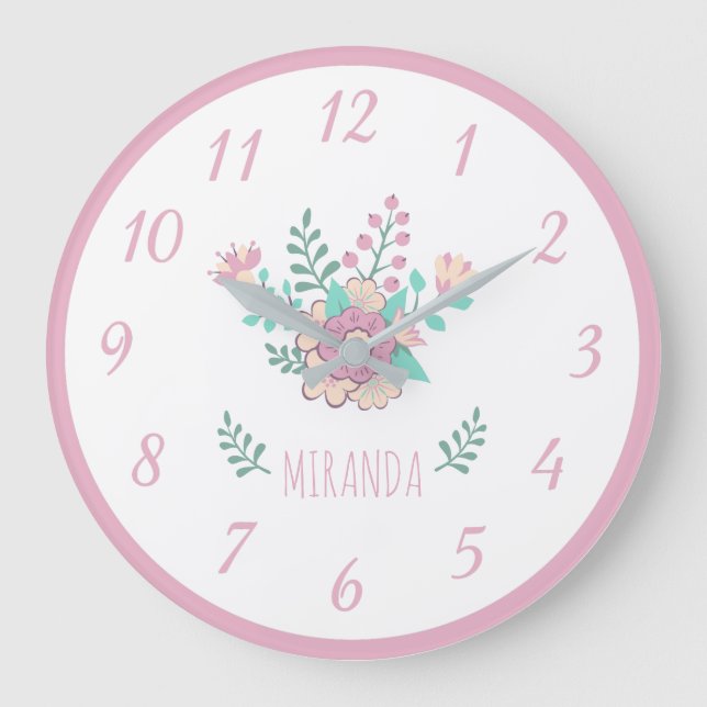 Custom Name Floral Wreath Girl Wall Clock (Front)