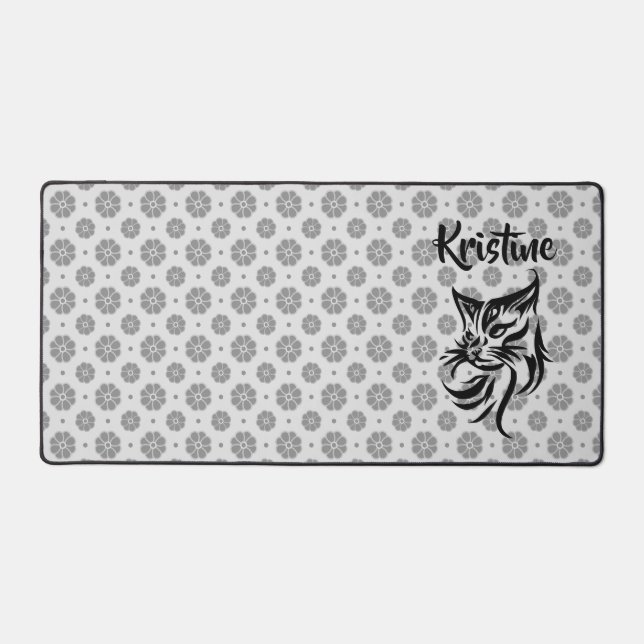 Custom Name Flower Cat Computer Desk Mat (Front)