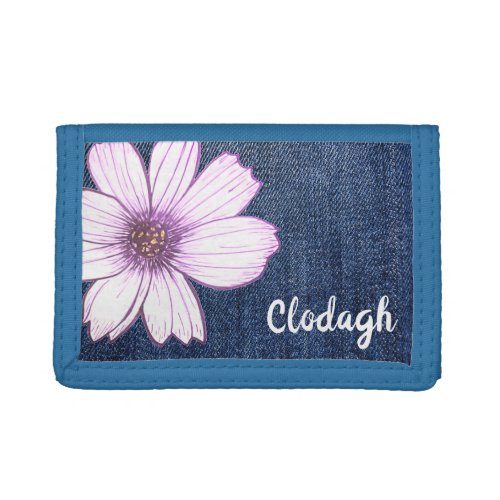 Custom name Flower Design Jeans texture Trifold Wallet