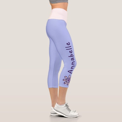 Custom Name _ Flower Doodle _ Solid Periwinkle Capri Leggings