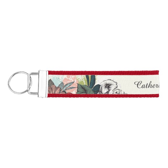 Custom Name Flower Illustration Wrist Keychain (Keys on Left)