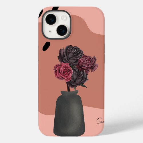 Custom Name Flower Vase with black flowers pink  Case_Mate iPhone 14 Case