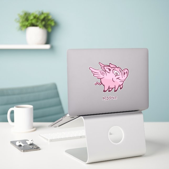 Custom Name Flying Pig Sticker (Laptop On Desk)