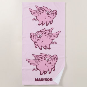 Custom Name Flying Pigs Beach Towel
