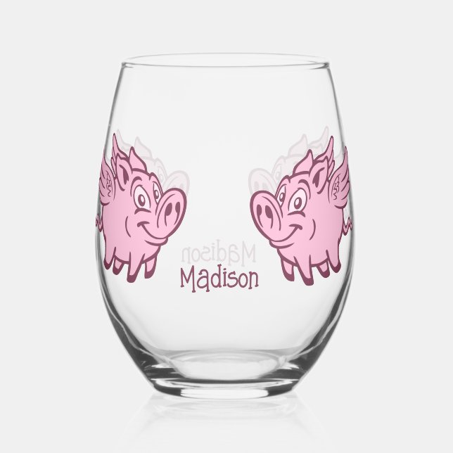 Custom Name Flying Pigs Stemless Wine Glass (Back)