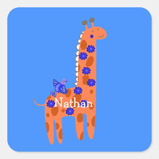Custom Name Folk Giraffe Bird Orange Blue  Square Sticker (Front)