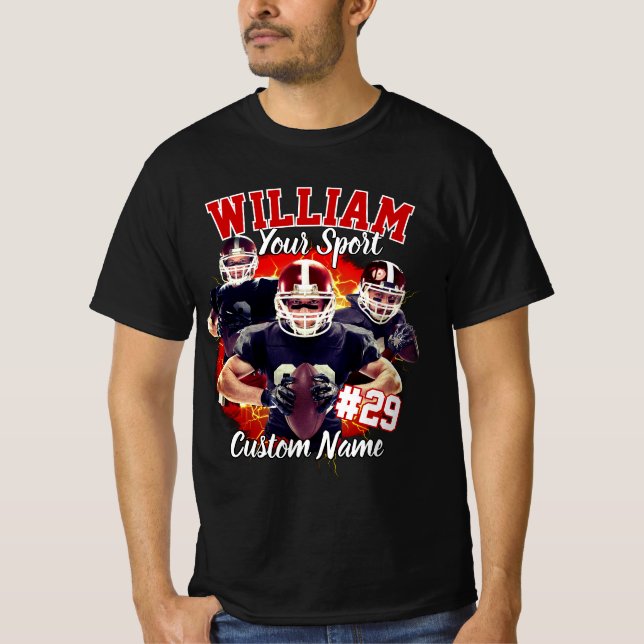 Custom Name Football Three Photo Black and Red T-Shirt (Front)