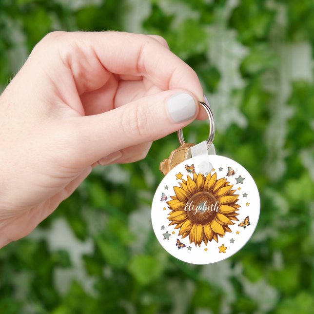 Custom name for girl retro sunflower gift keychain (Hand)