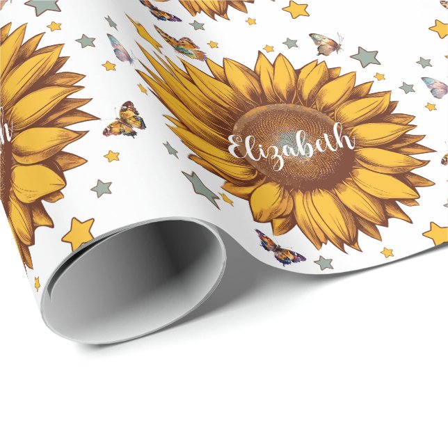 Custom name for girl retro sunflower gift wrapping paper (Roll Corner)