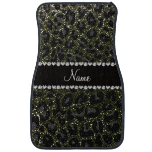 Custom name forest green glitter leopard print car mat