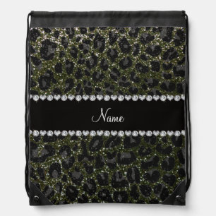 Custom name forest green glitter leopard print drawstring bag