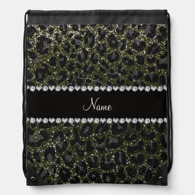 Custom name forest green glitter leopard print drawstring bag (Front)