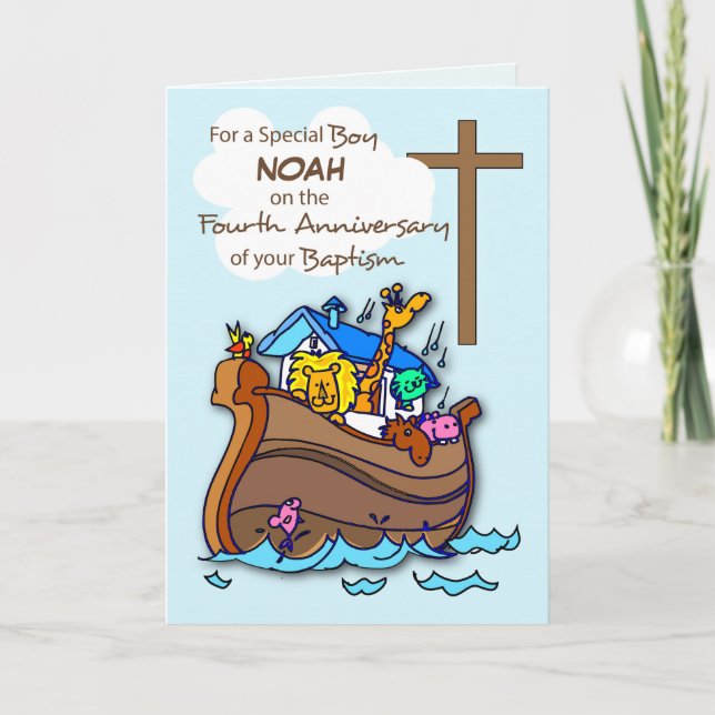 Custom Name Fourth Anniversary of Baptism Boy Ark Card (Front)