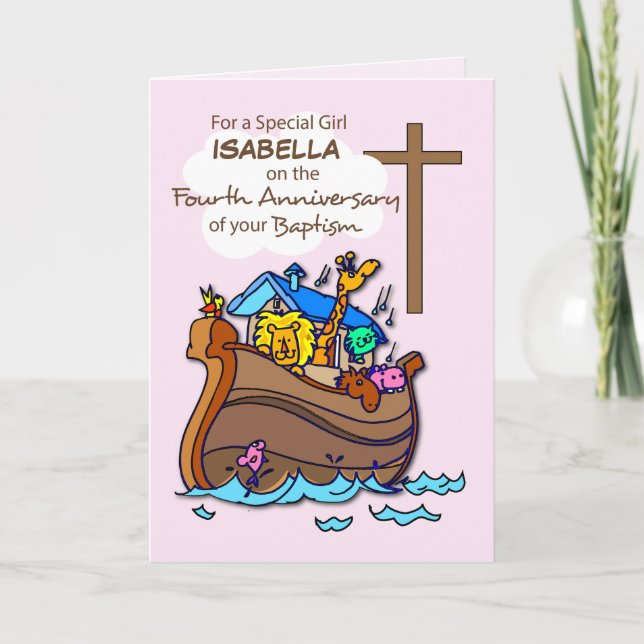 Custom Name Fourth Anniversary of Baptism Girl Ark Card (Front)