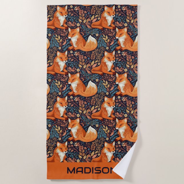 Custom Name Foxes and Leafs Pattern Beach Towel (Front)