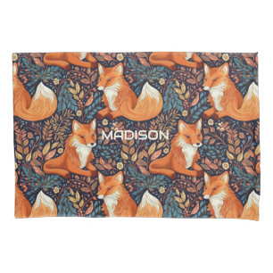 Custom Name Foxes and Leafs Pattern Pillow Case