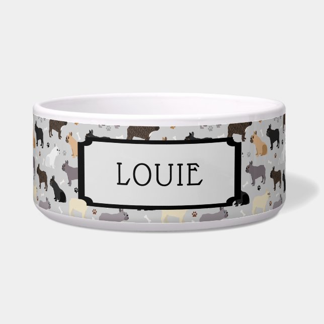 Custom Name French Bulldog Pattern Gray Bowl (Front)