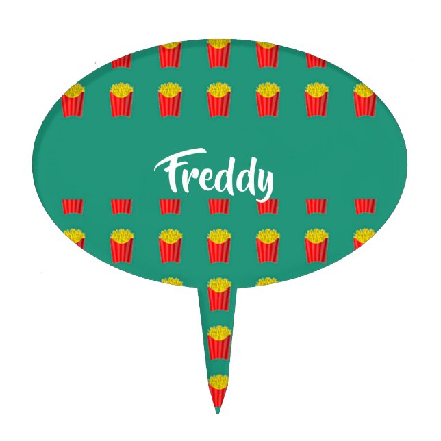 Custom name fries on teal cake topper (Front)