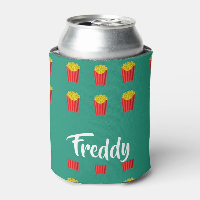 Custom name fries on teal can cooler (Can Front)