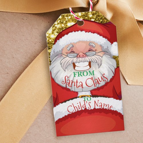 Custom Name From Santa Childrens Xmas Gold Glitter Gift Tags