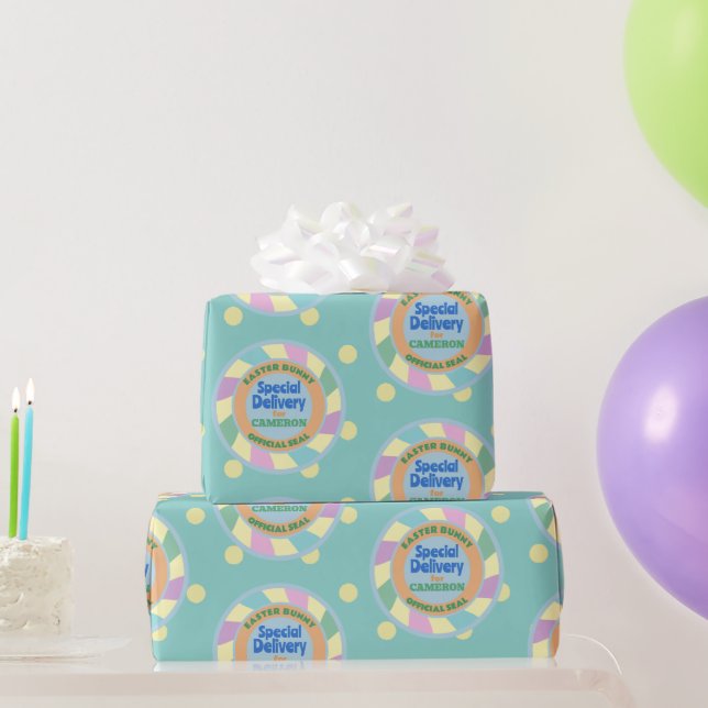 Custom Name from the Easter Bunny Teal & Yellow Wrapping Paper (Party Gifts)