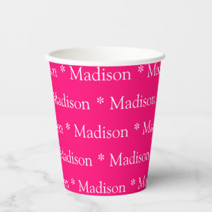Custom name fuchsia hot pink white pattern cute paper cups
