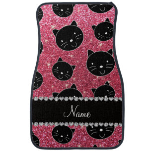 Custom name fuchsia pink glitter black cat faces car floor mat