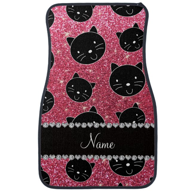 Custom name fuchsia pink glitter black cat faces car floor mat (Front)