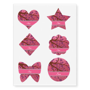 Custom name fuchsia pink glitter cherry blossoms temporary tattoos