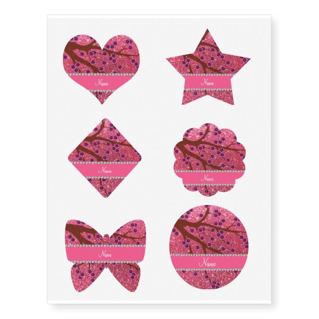 Custom name fuchsia pink glitter cherry blossoms temporary tattoos (Front)