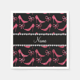 Custom name fuchsia pink glitter high heels bow paper napkins