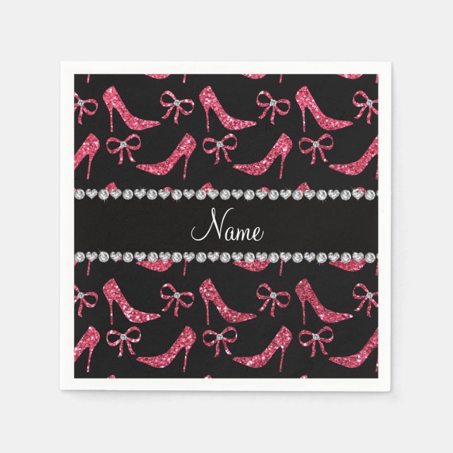 Custom name fuchsia pink glitter high heels bow paper napkins (Front)