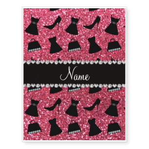 Custom name fuchsia pink glitter high heels dress temporary tattoos