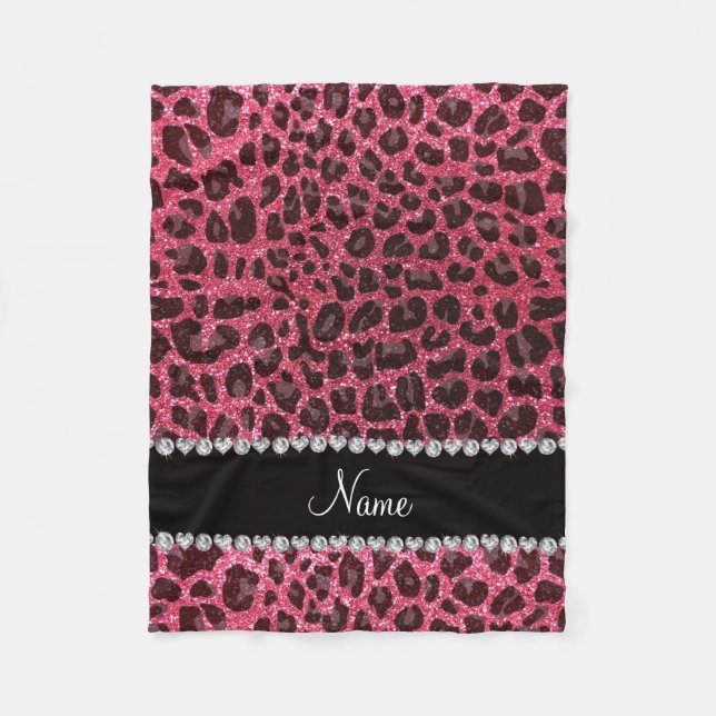 Custom name fuchsia pink glitter leopard print fleece blanket (Front)