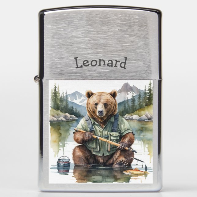 Custom Name Fun Bear Fishing Fisherman Humor Zippo Lighter (Front)