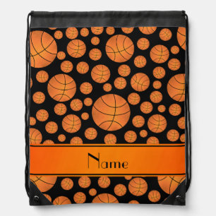 Custom name fun black basketballs orange stripe drawstring bag