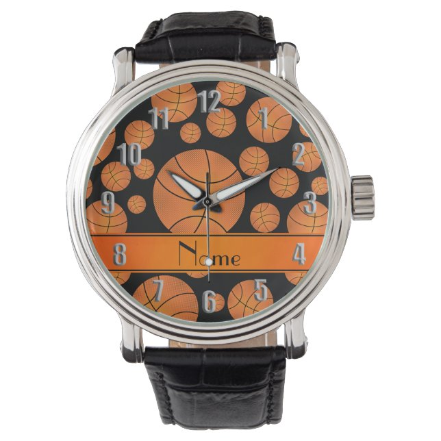 Custom name fun black basketballs orange stripe watch (Front)