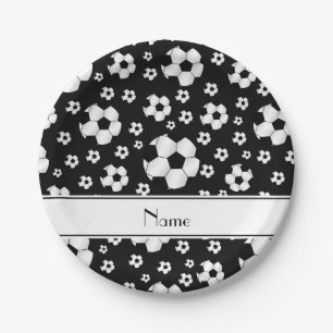 Custom name fun black soccer balls white stripe paper plates