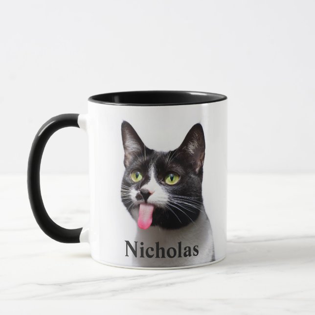Custom Name Fun Black White Cat Kitten Pet Mug (Left)