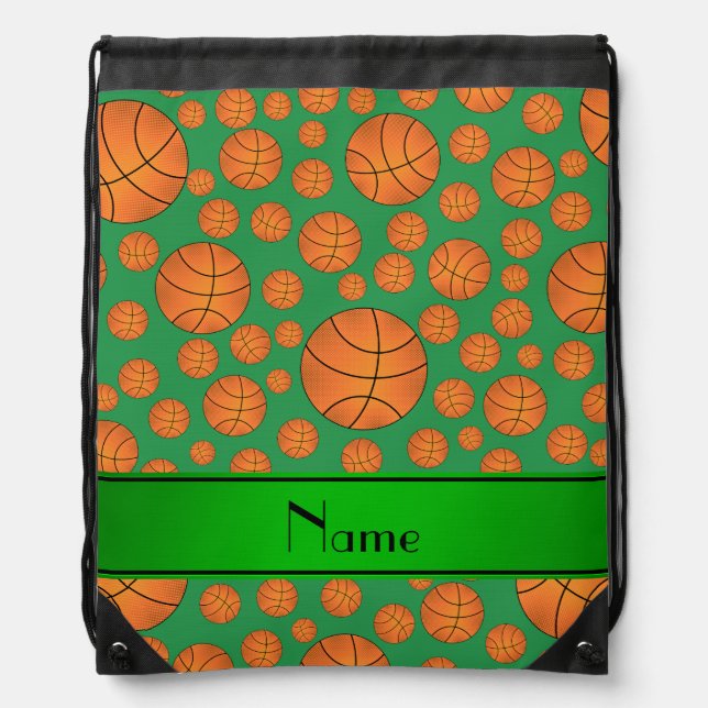 Custom name fun green basketballs green stripe drawstring bag (Front)