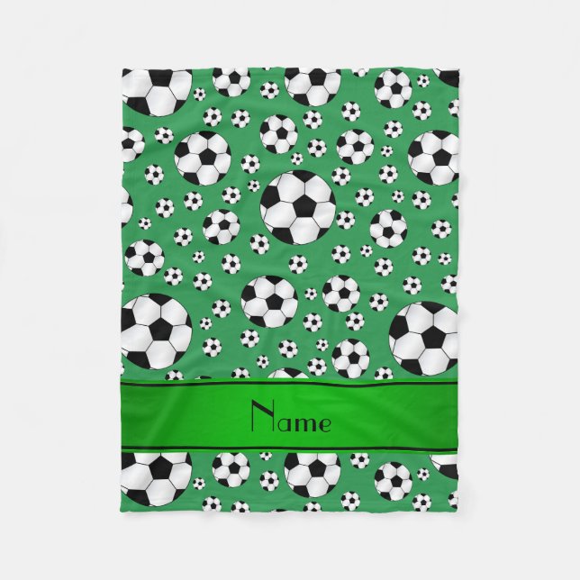 Custom name fun green soccer balls green stripe fleece blanket (Front)