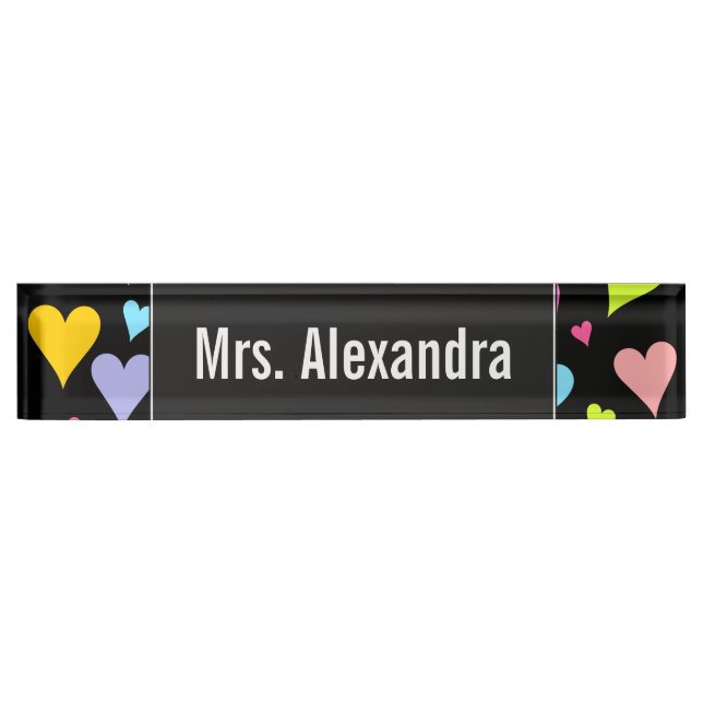 Custom Name + Fun, Loving, Colorful Hearts Pattern Nameplate (Front)
