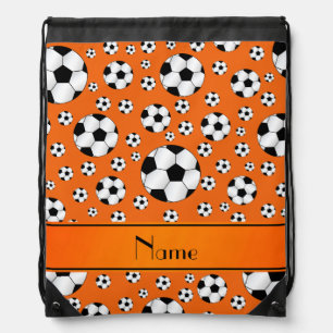 Custom name fun orange soccer balls orange stripe drawstring bag